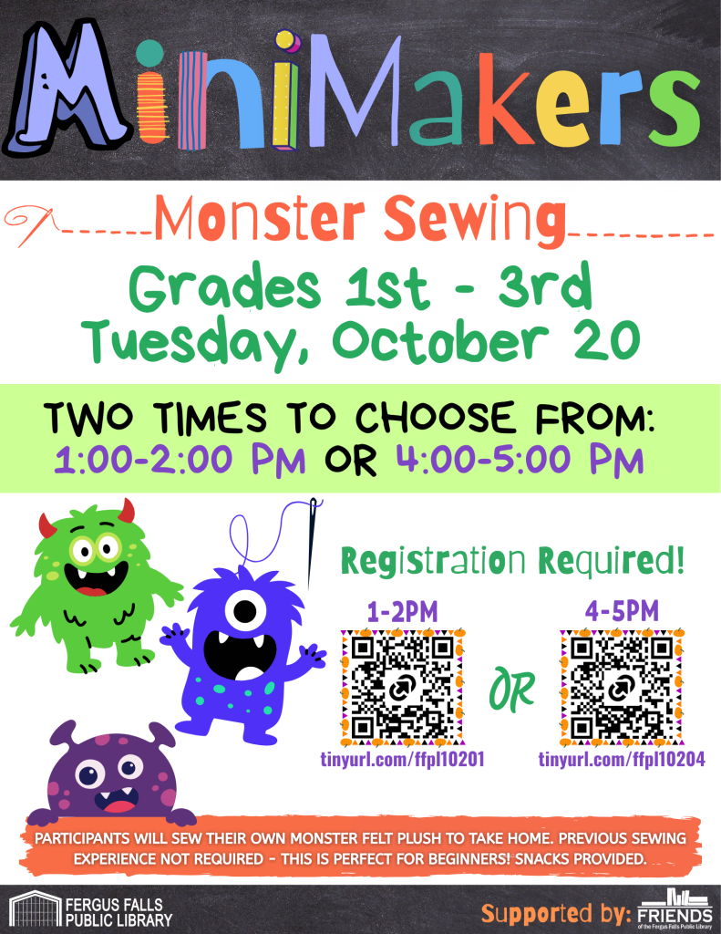 Minimakers monster sewing flyer with information, monsters, qr codes